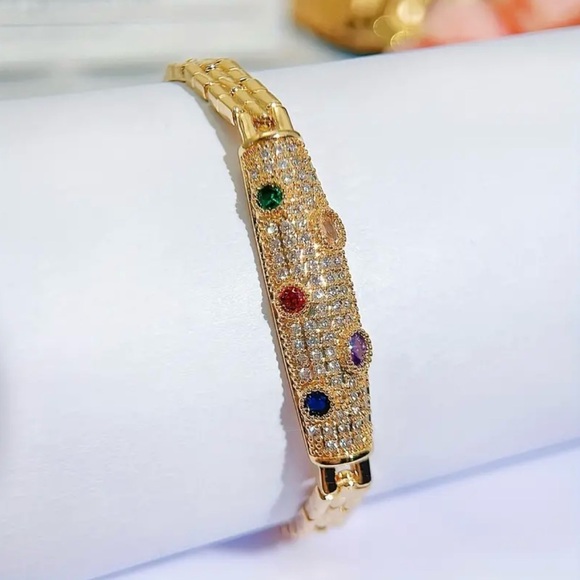 Luxury Gold Plated Bracelet with Multicolor Round Synthetic Cubic Zirconia - Picture 3 of 7